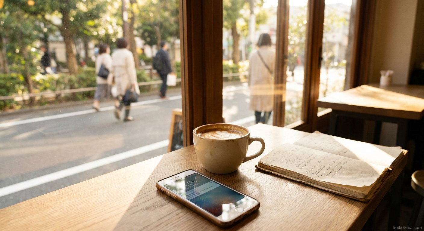 カフェの窓際に置かれたスマートフォンと通知
