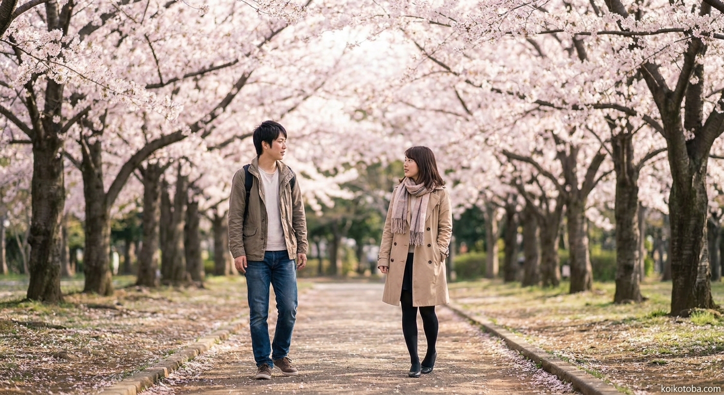 公園を並んで歩く若い男女