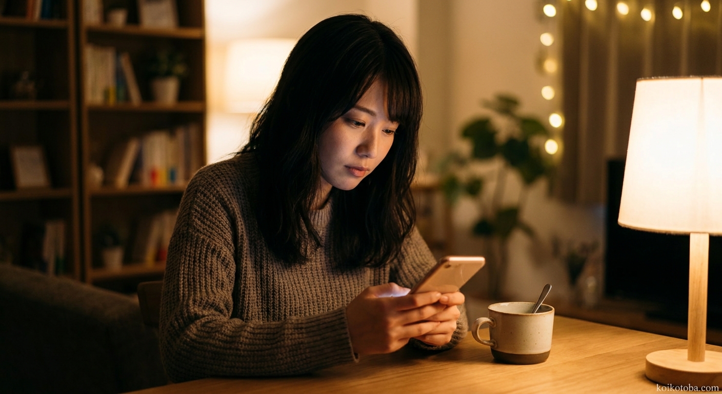 ドタキャンのLINEを受け取りスマートフォンを見つめる女性
