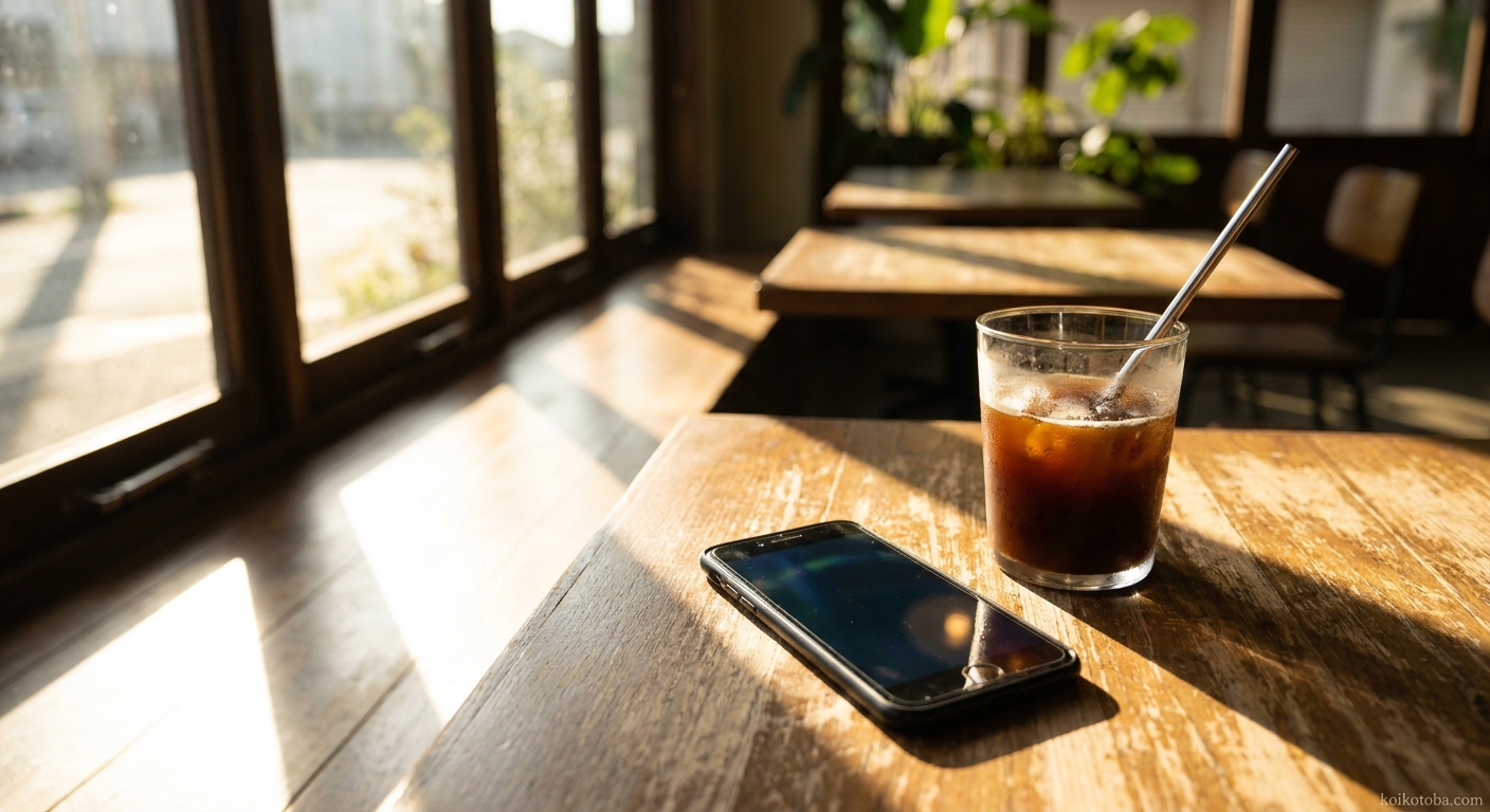 カフェのテーブルに置かれたスマートフォンとアイスコーヒー