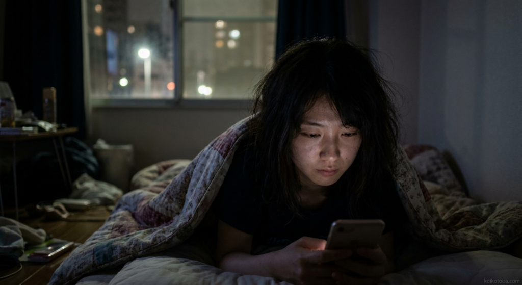 夜に布団の中でスマホを見つめる女性