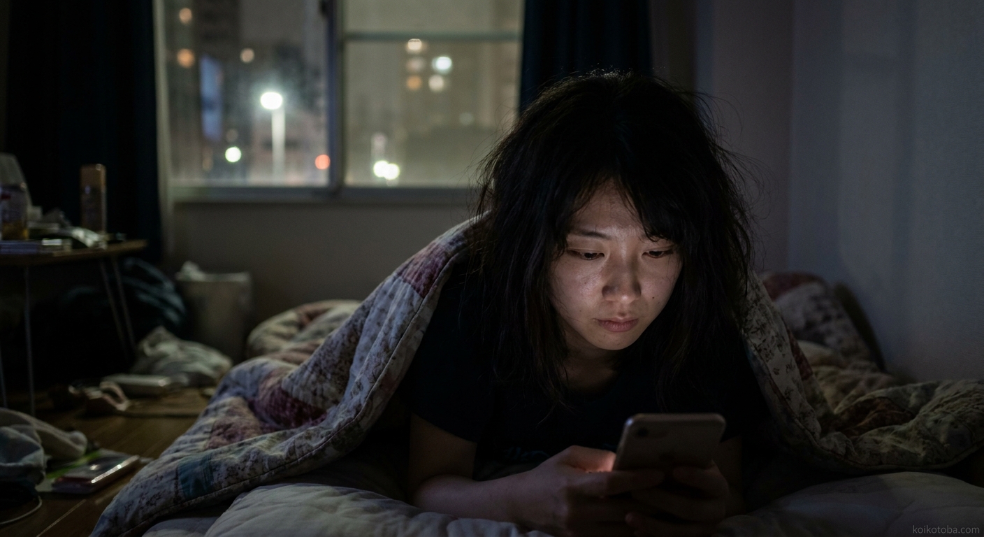 夜に布団の中でスマホを見つめる女性