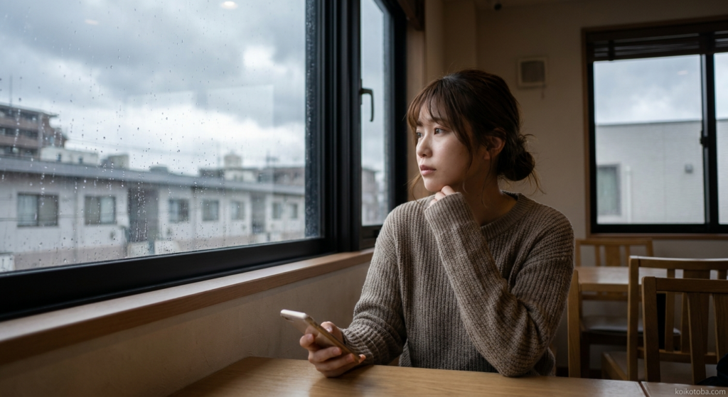 窓際でスマートフォンを持ちながら外を眺める人物
