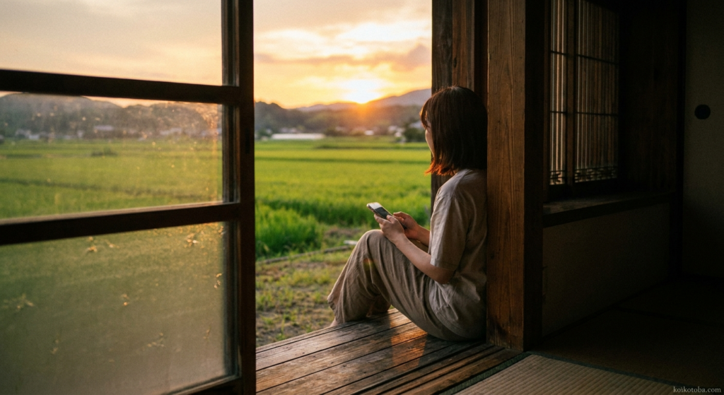 お盆の夕方、窓辺でスマホを持ちながら遠くを見つめる人物