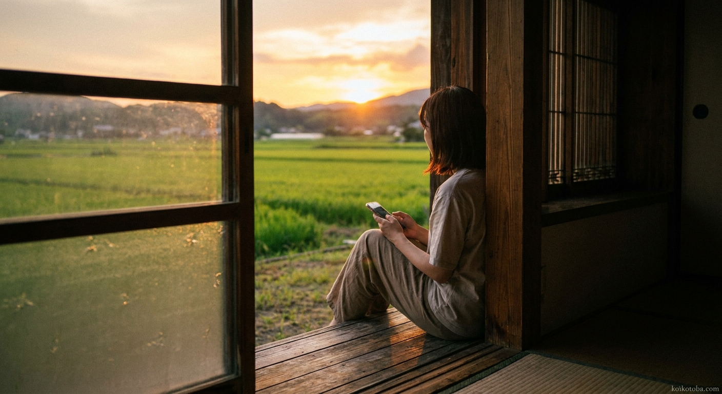 お盆の夕方、窓辺でスマホを持ちながら遠くを見つめる人物
