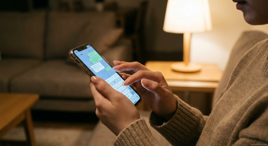 夜にスマートフォンでLINEの返信を考える女性の手元