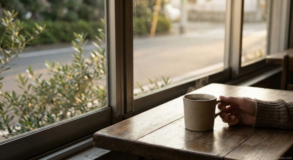 窓辺のカフェでコーヒーカップがテーブルに置かれている静かな情景