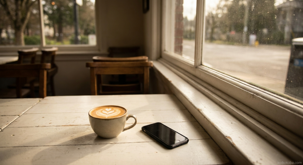 明るいカフェの窓際に置かれたコーヒーとスマートフォン
