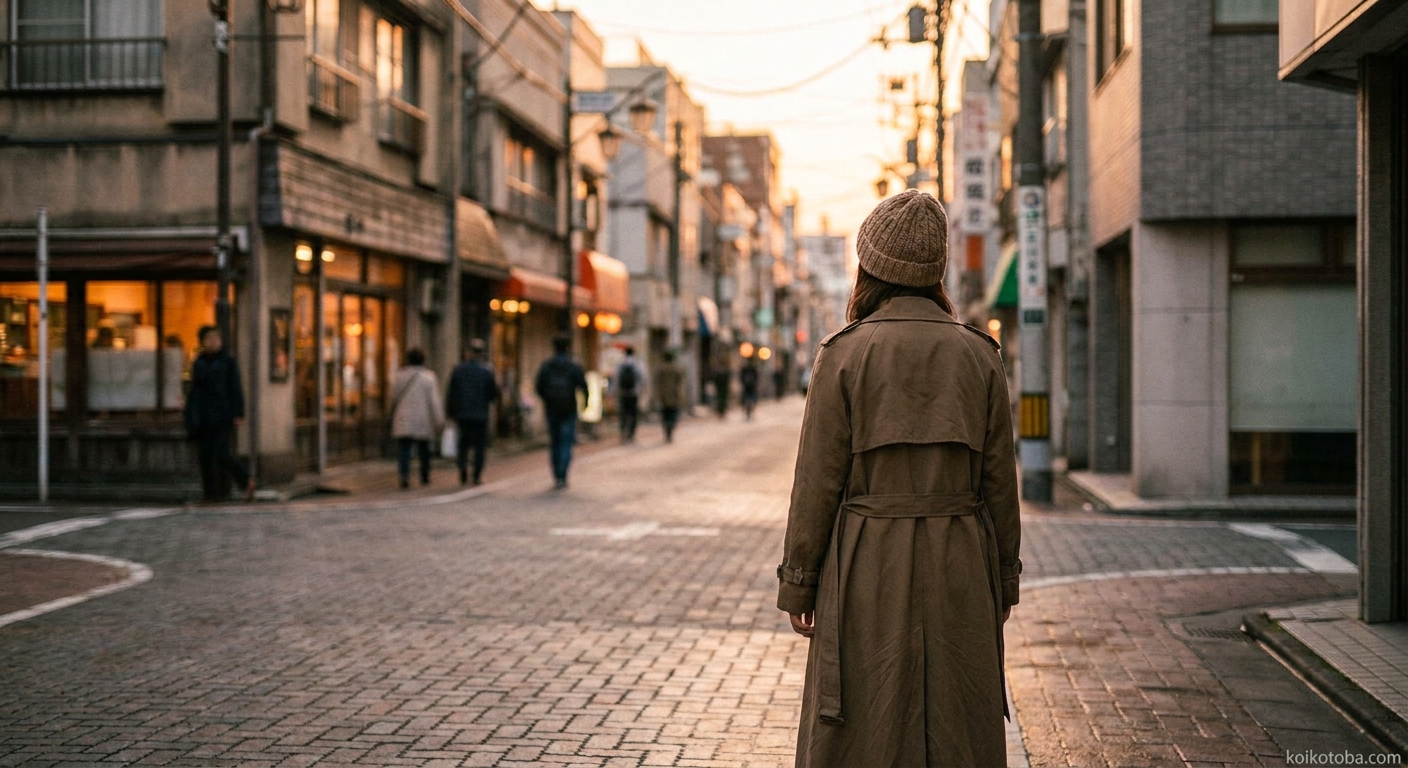 夕暮れの街角に立つ女性の後ろ姿