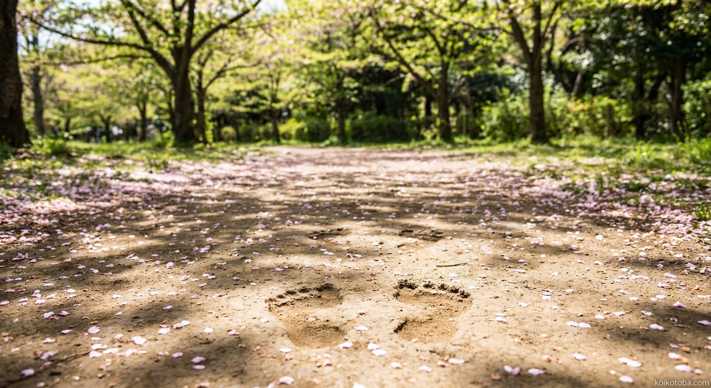 春の公園に続く二人分の小道と桜の花びら