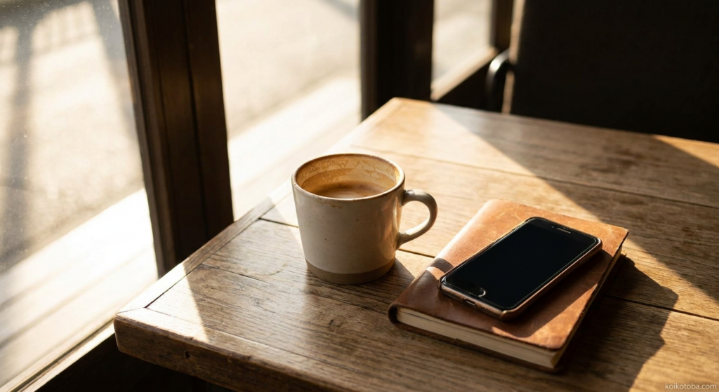 カフェのテーブルに置かれたスマートフォンとコーヒーカップ