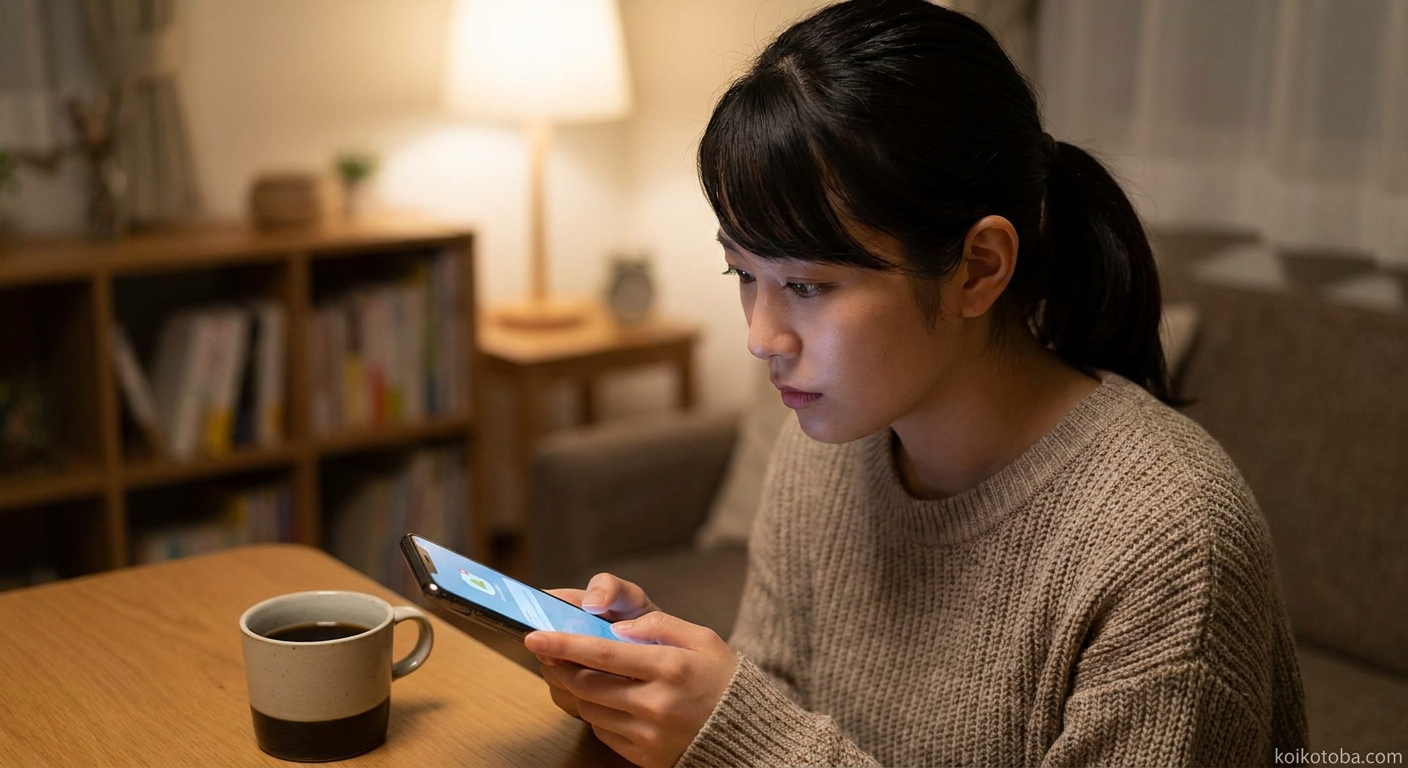 夜にスマートフォンを見つめる女性
