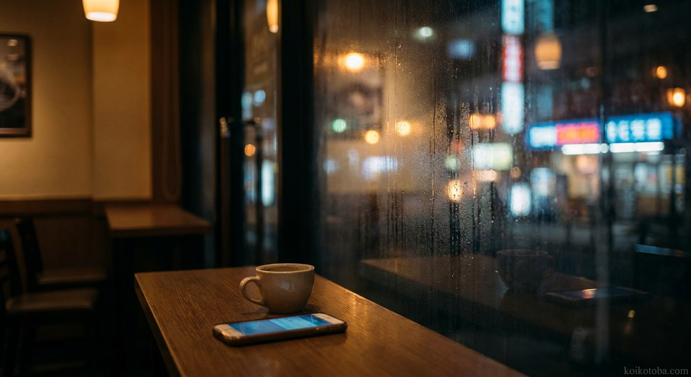 夜のカフェの窓際に置かれたスマートフォンとコーヒーカップ