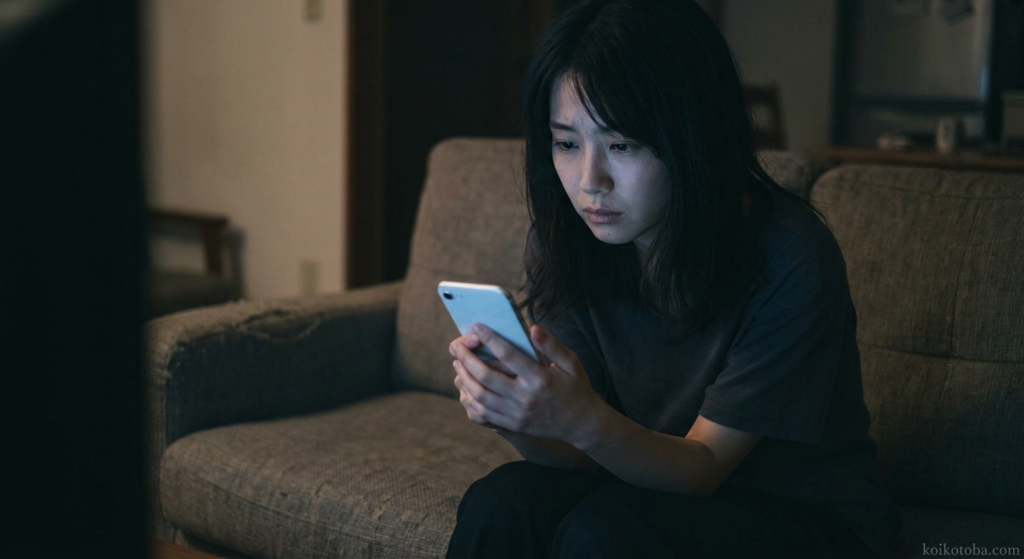 夜にスマートフォンを見つめる人物