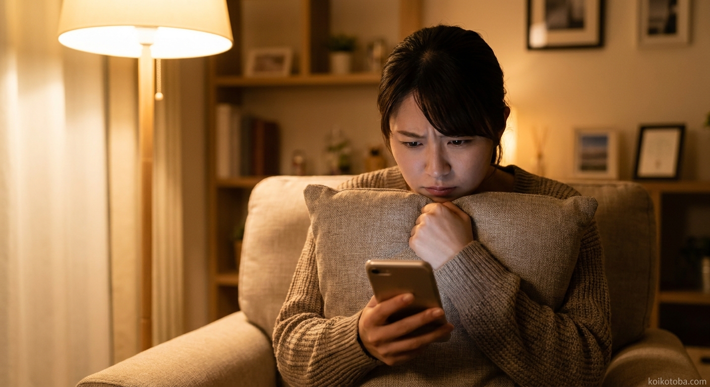スマートフォンを見つめて悩む女性