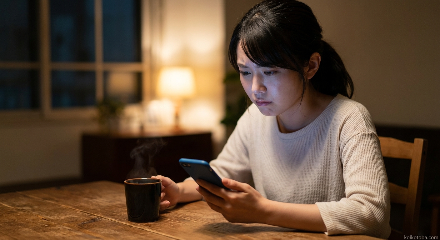 夜にスマホを見つめる女性