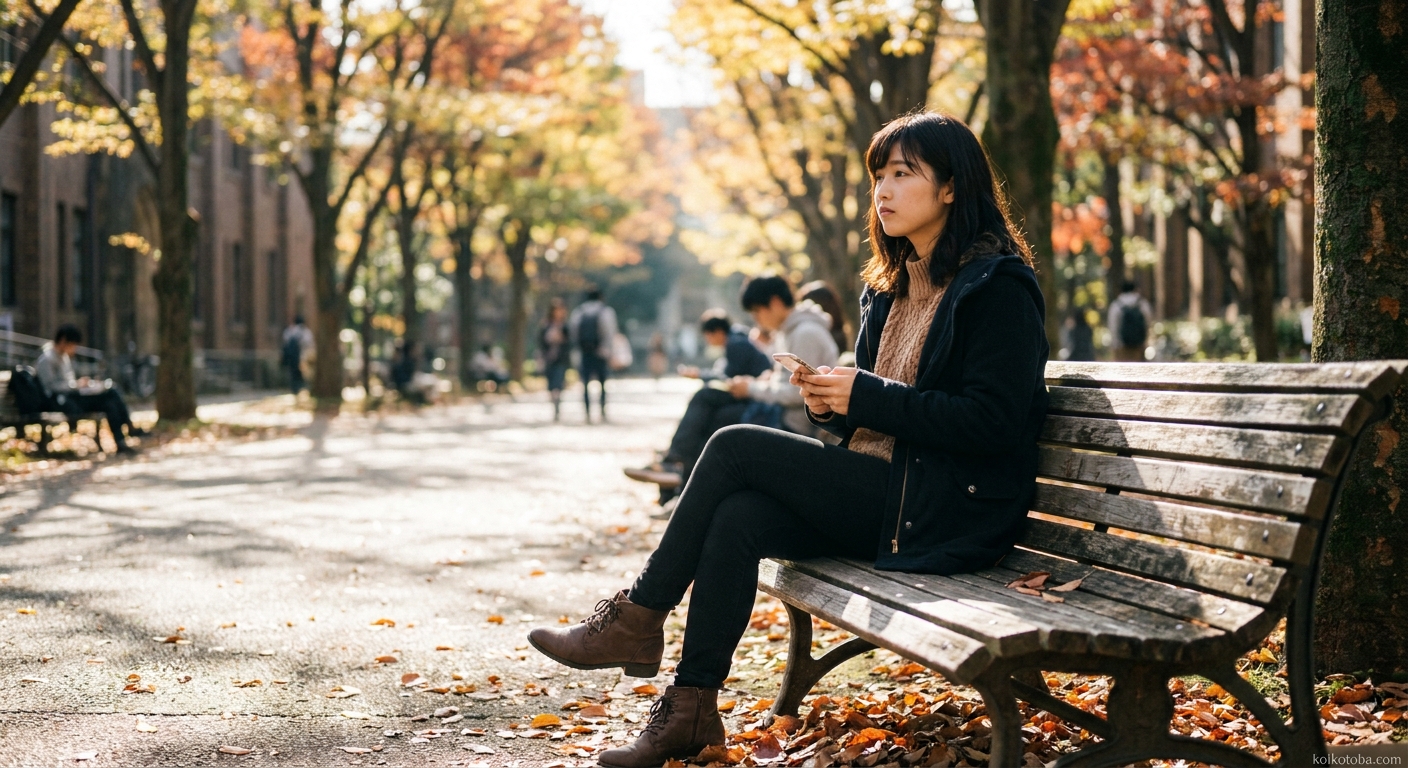 大学のキャンパスで一人スマホを見つめる女性