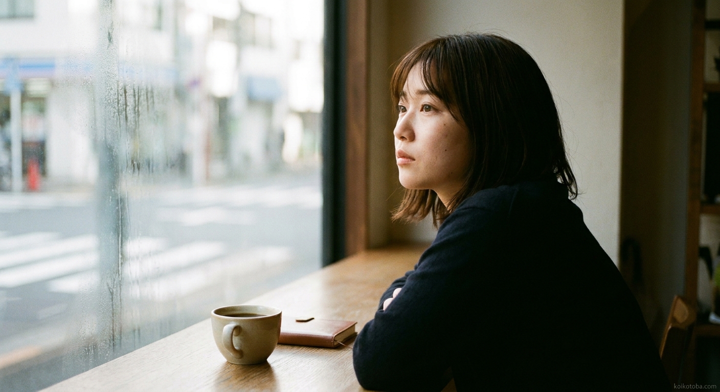 カフェの窓際で外を見つめる女性