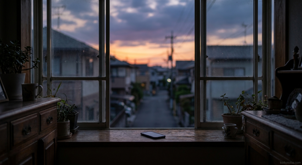 夕暮れの窓辺に置かれたスマートフォン