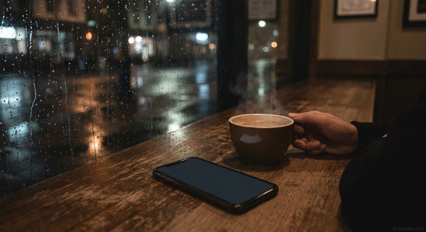 夜のカフェの窓際でスマホを前に置いたまま返信を待つ様子