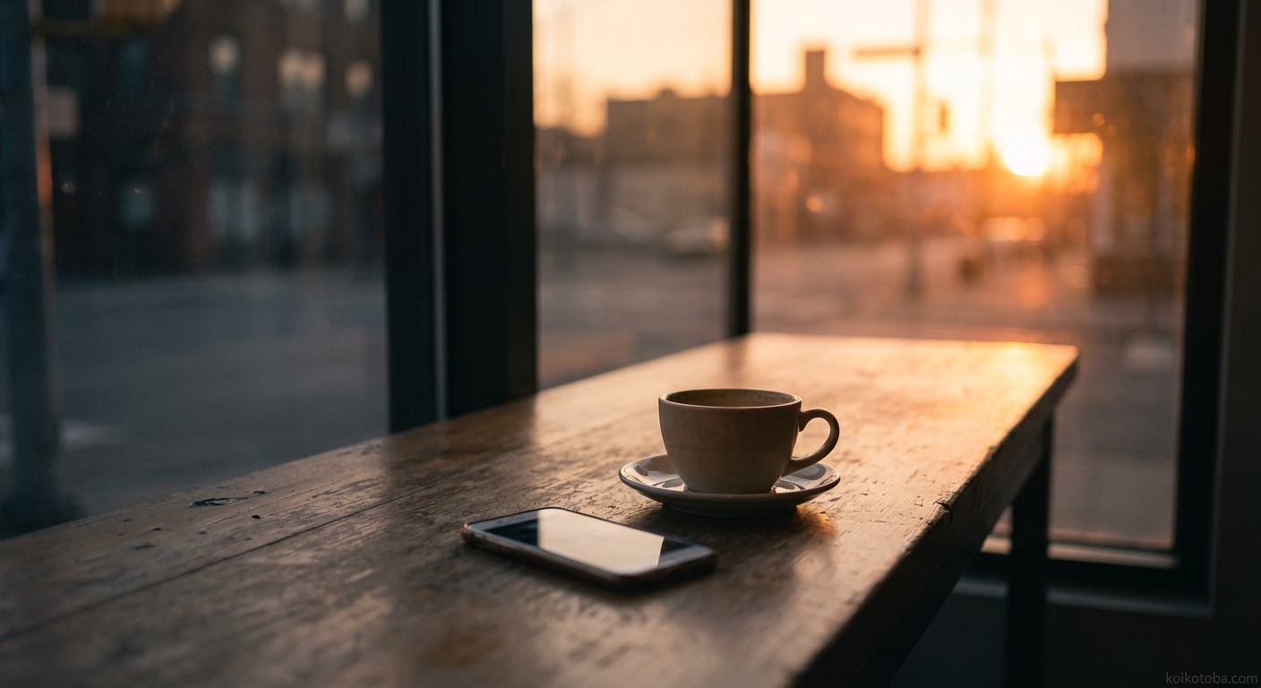夕方のカフェの窓際に置かれたコーヒーとスマートフォン