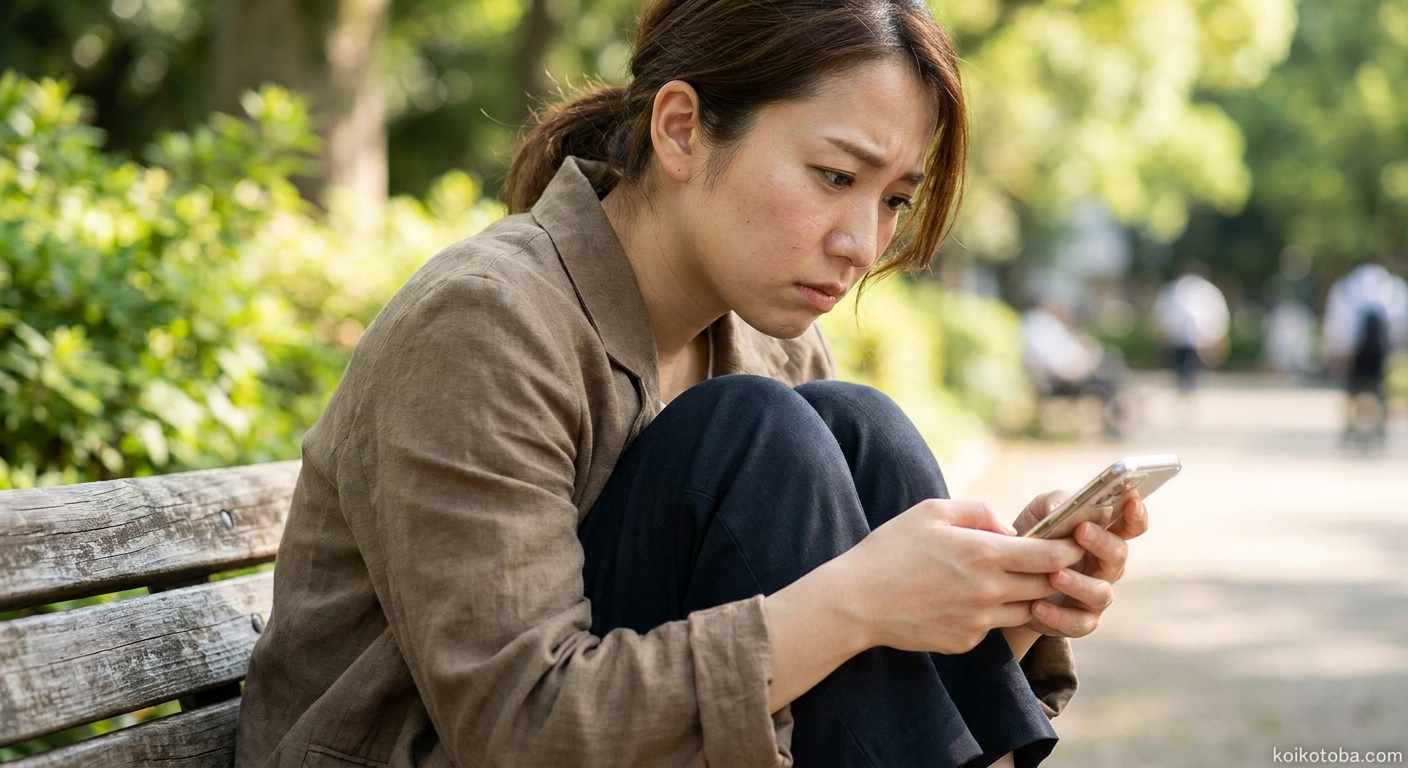 公園のベンチでスマートフォンを見つめる20代女性