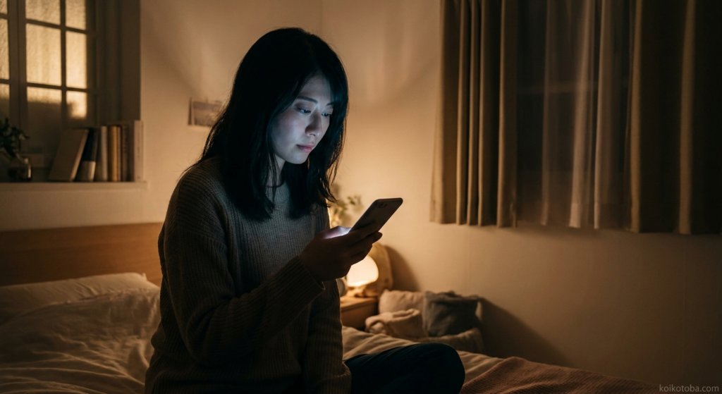 夜にスマホを見つめる女性
