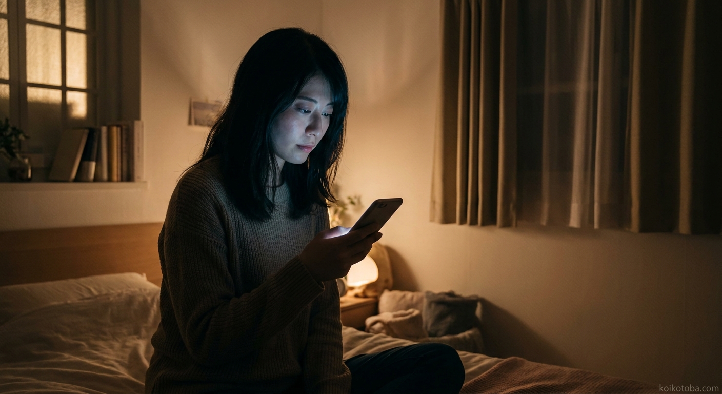 夜にスマホを見つめる女性