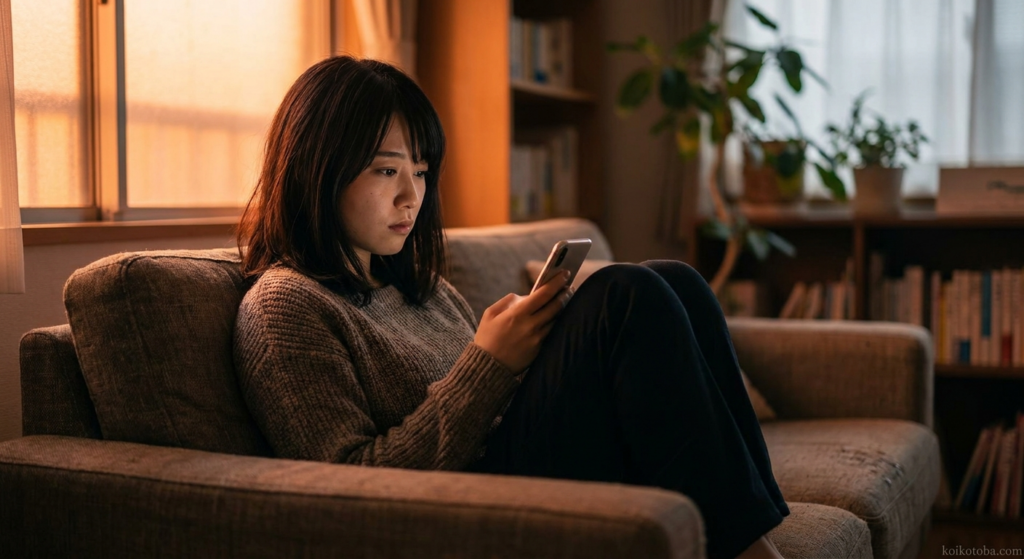 スマートフォンを見つめて考え込む女性