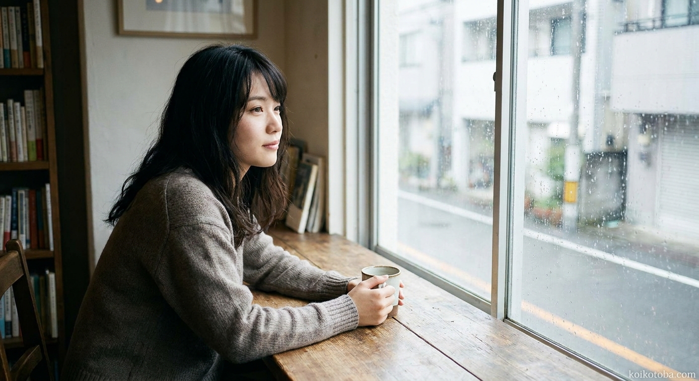 窓の外を見つめる人物とテーブルのマグカップ