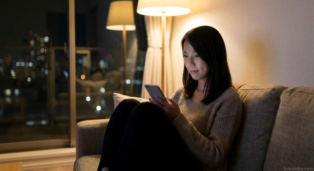 スマートフォンを見つめながら物思いにふける女性