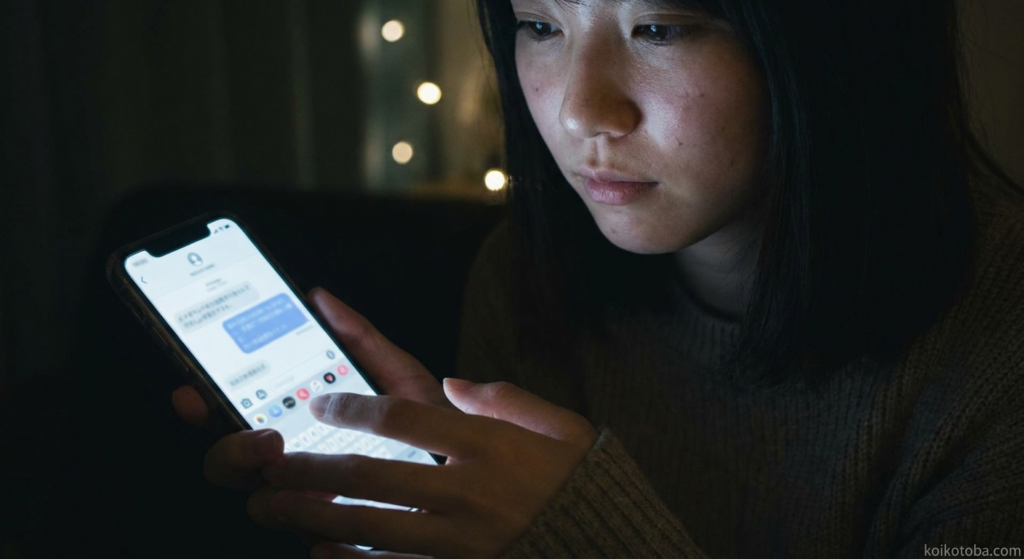 夜にスマートフォンを見つめる女性の手元