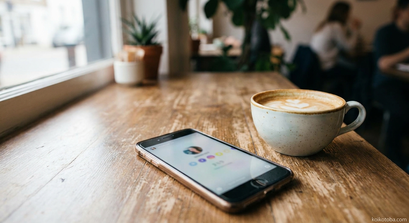 カフェのテーブルに置かれたSNSを開いたスマートフォンとコーヒー