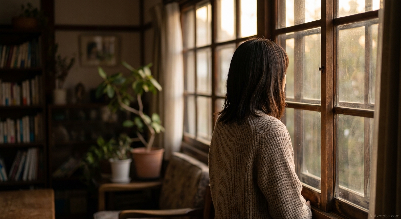 窓の外を眺める女性の後ろ姿と夕暮れの光