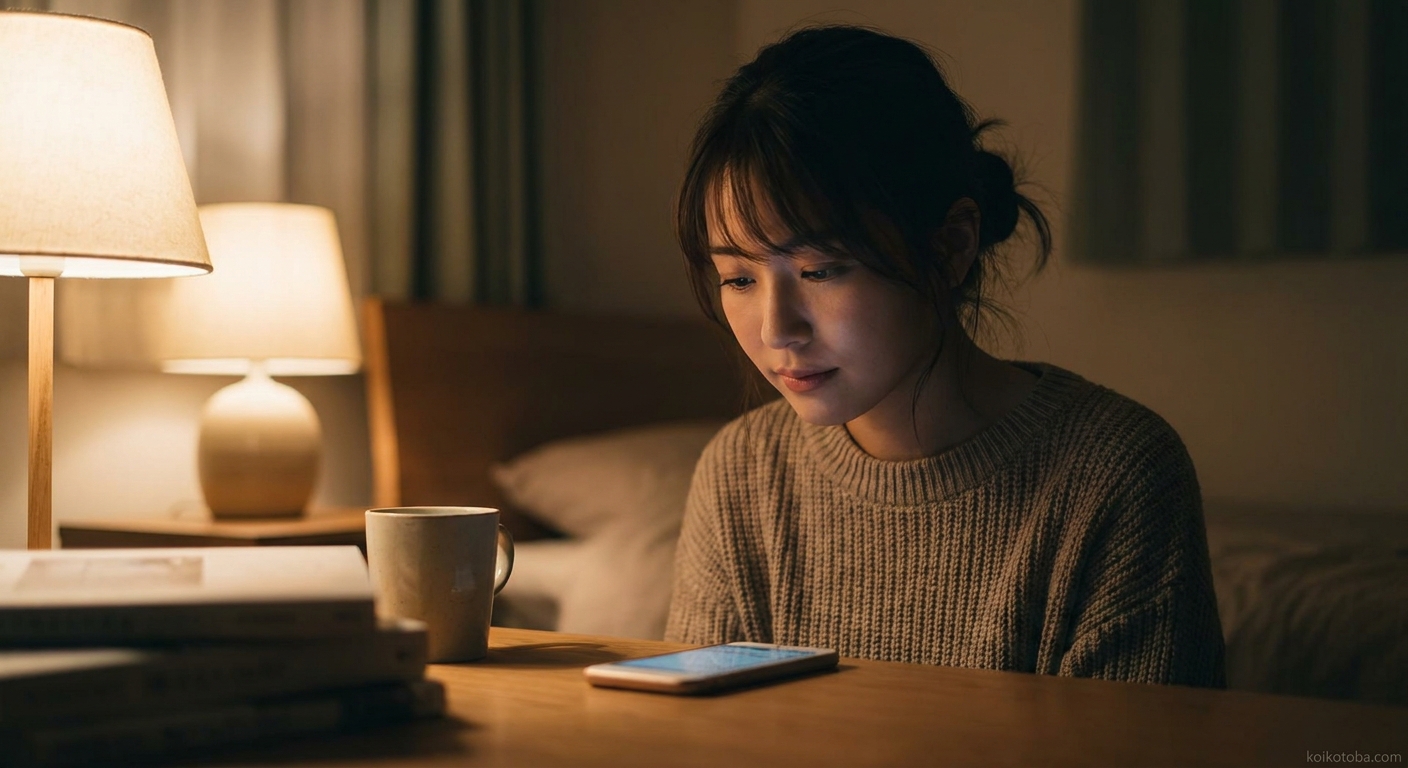 夜の部屋でスマートフォンをぼんやり見つめる女性