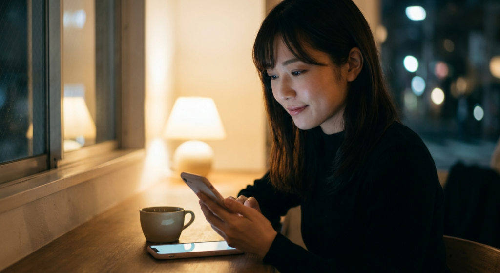 夜にスマートフォンのLINEを確認する女性