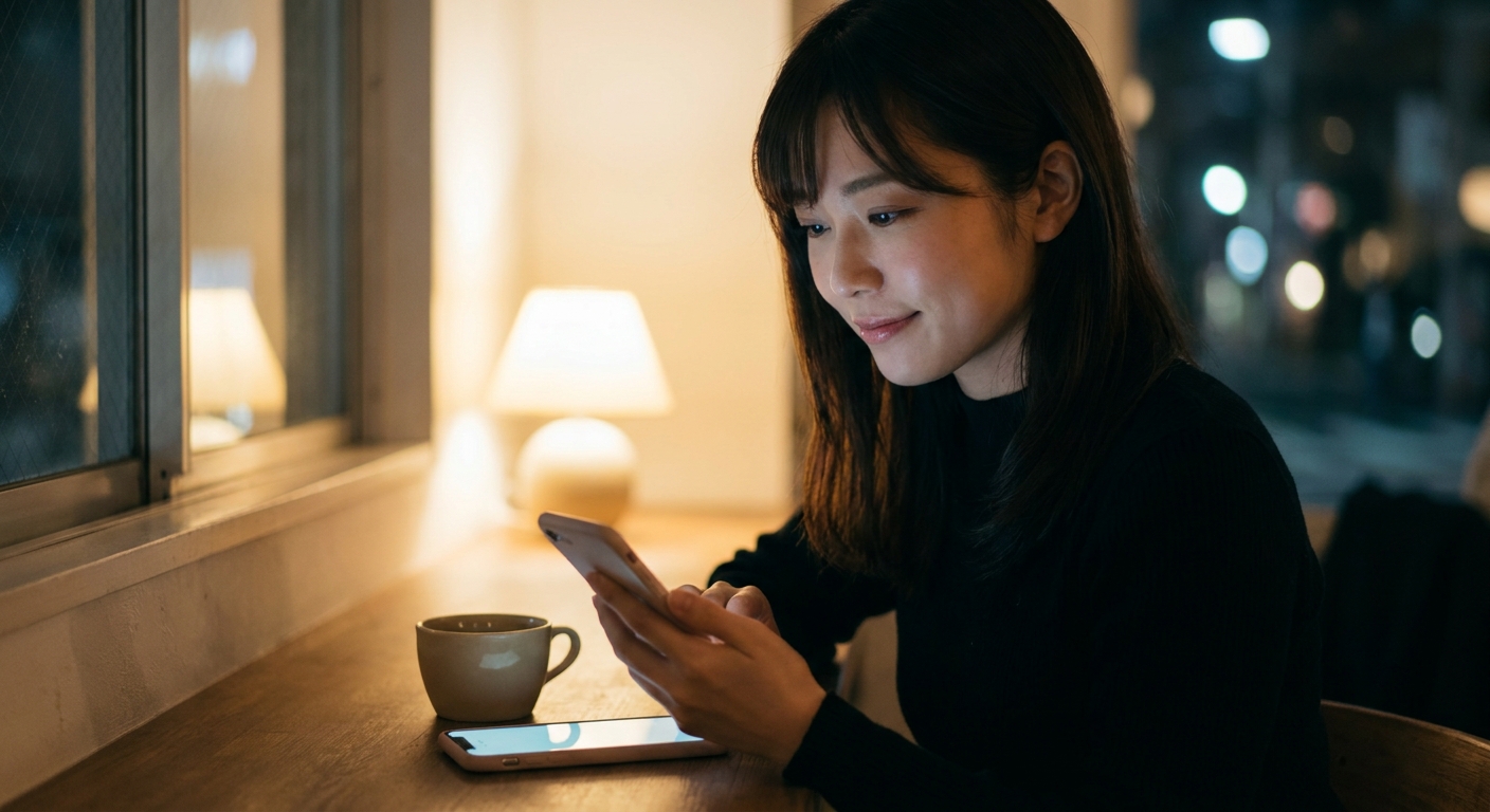 夜にスマートフォンのLINEを確認する女性