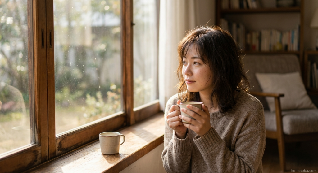 窓辺に並ぶ二人分のコーヒーカップ、穏やかな午後の光