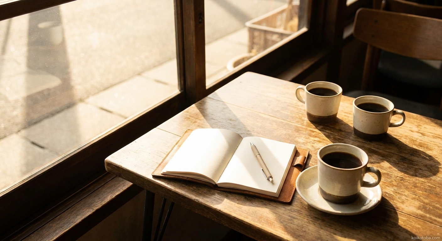 カフェのテーブルに並ぶ2つのコーヒーカップと窓からの午後の光