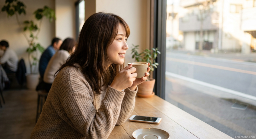 カフェの窓際でコーヒーを持ちながら穏やかに外を見つめる女性