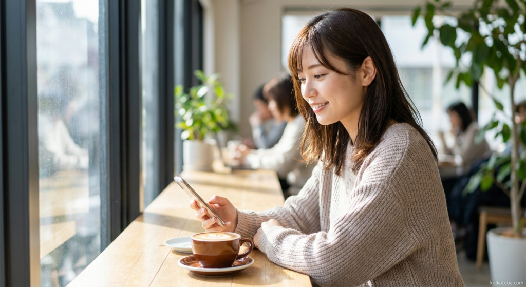 カフェでスマートフォンを持ちながら微笑む女性