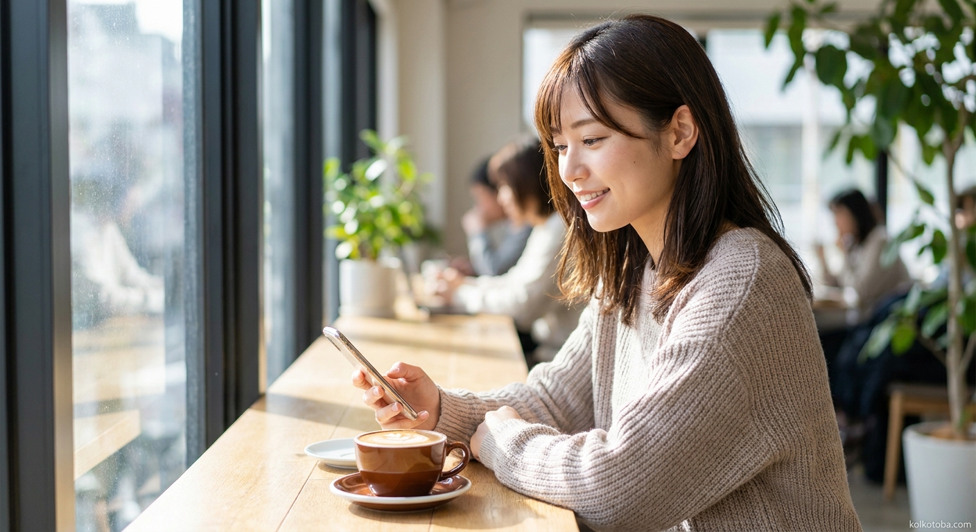 カフェでスマートフォンを持ちながら微笑む女性