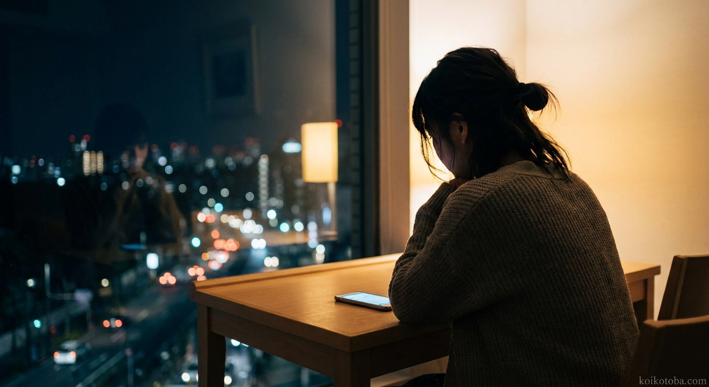 夜の窓際でスマートフォンを前に一人たたずむ女性
