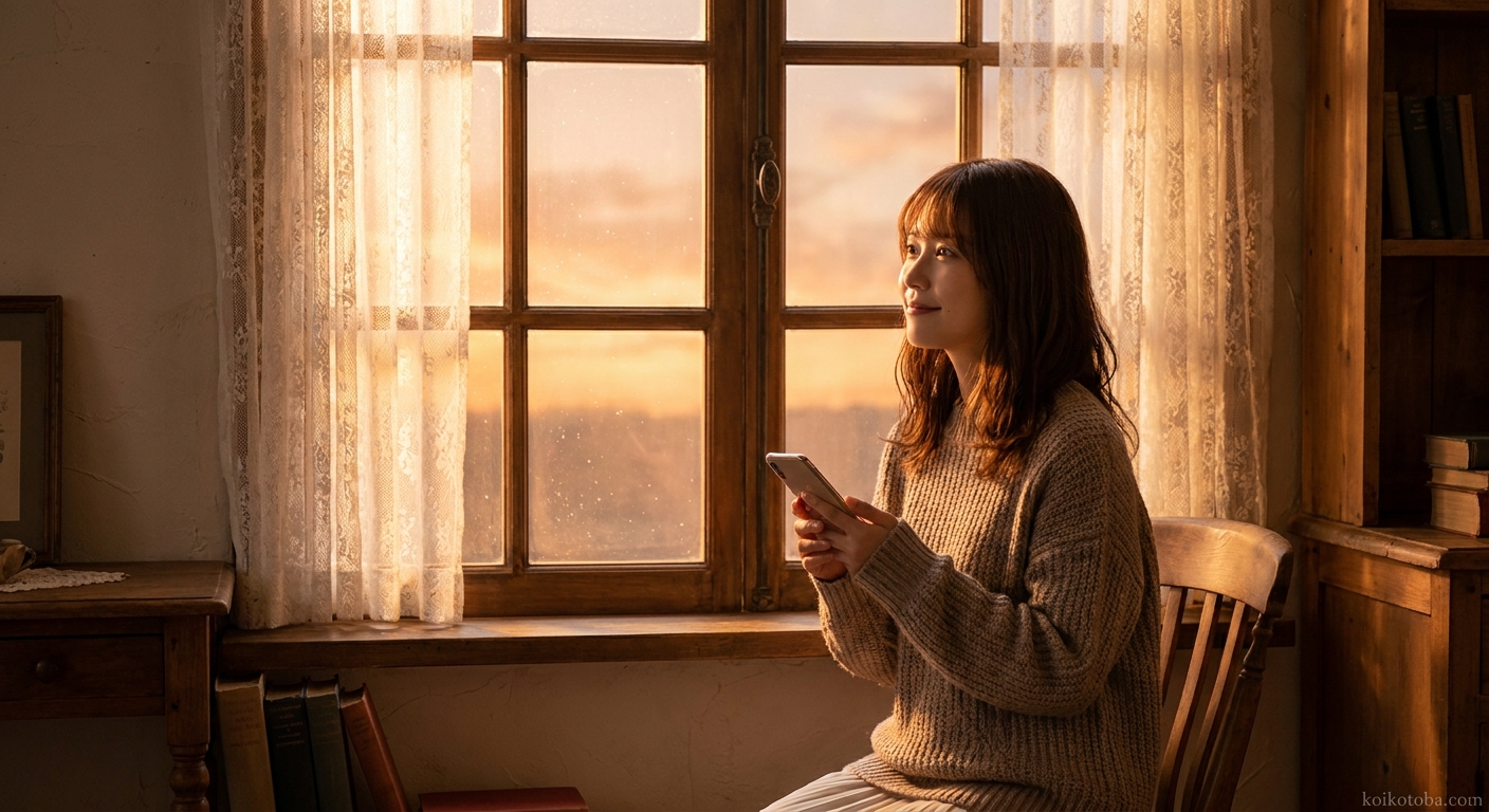 窓際でスマートフォンを手に穏やかに外を見る若い女性