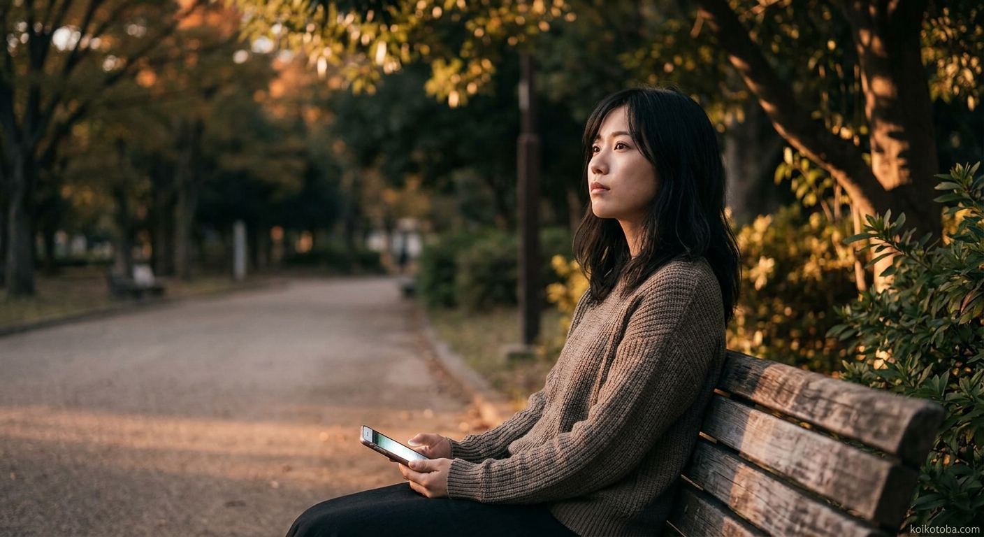 夕暮れの公園で一人スマートフォンを持ちながら物思いにふける女性