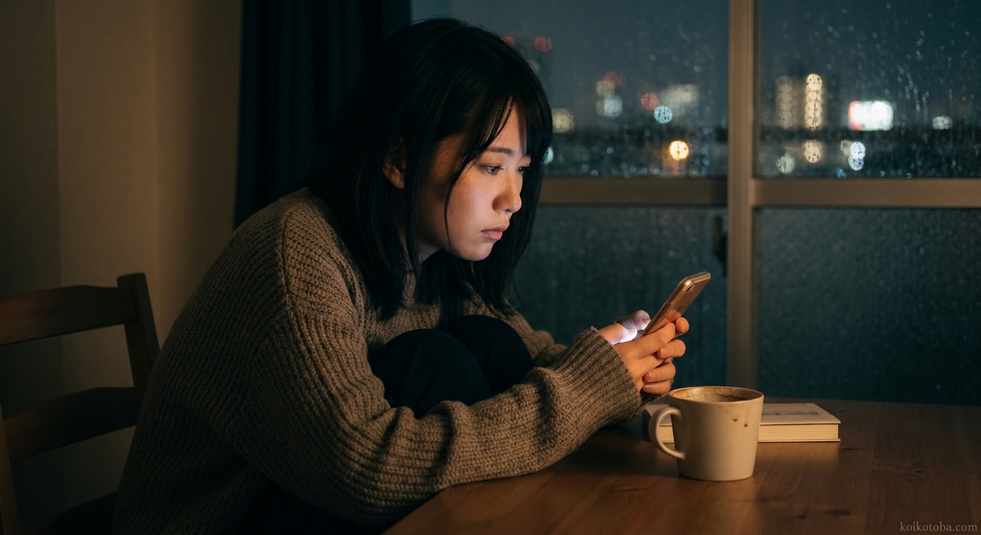 夜にスマホを見つめる女性