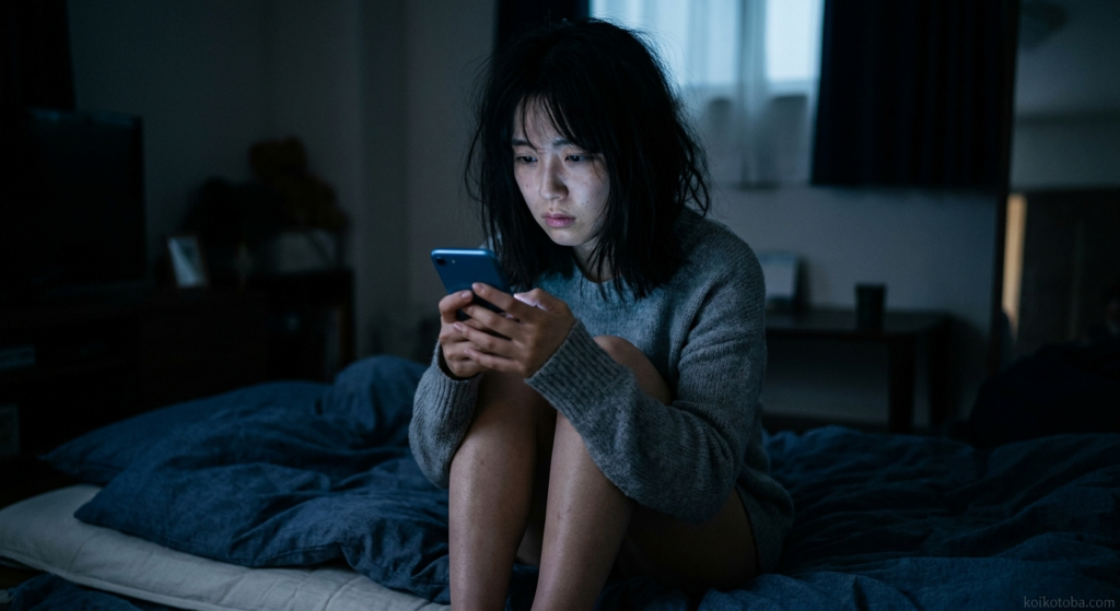 夜にスマートフォンを見つめる女性