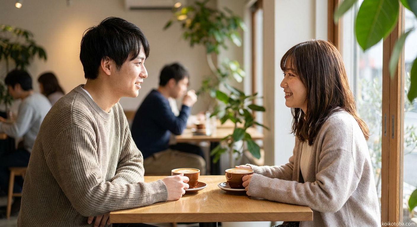 カフェで向かい合って話す二人の男女