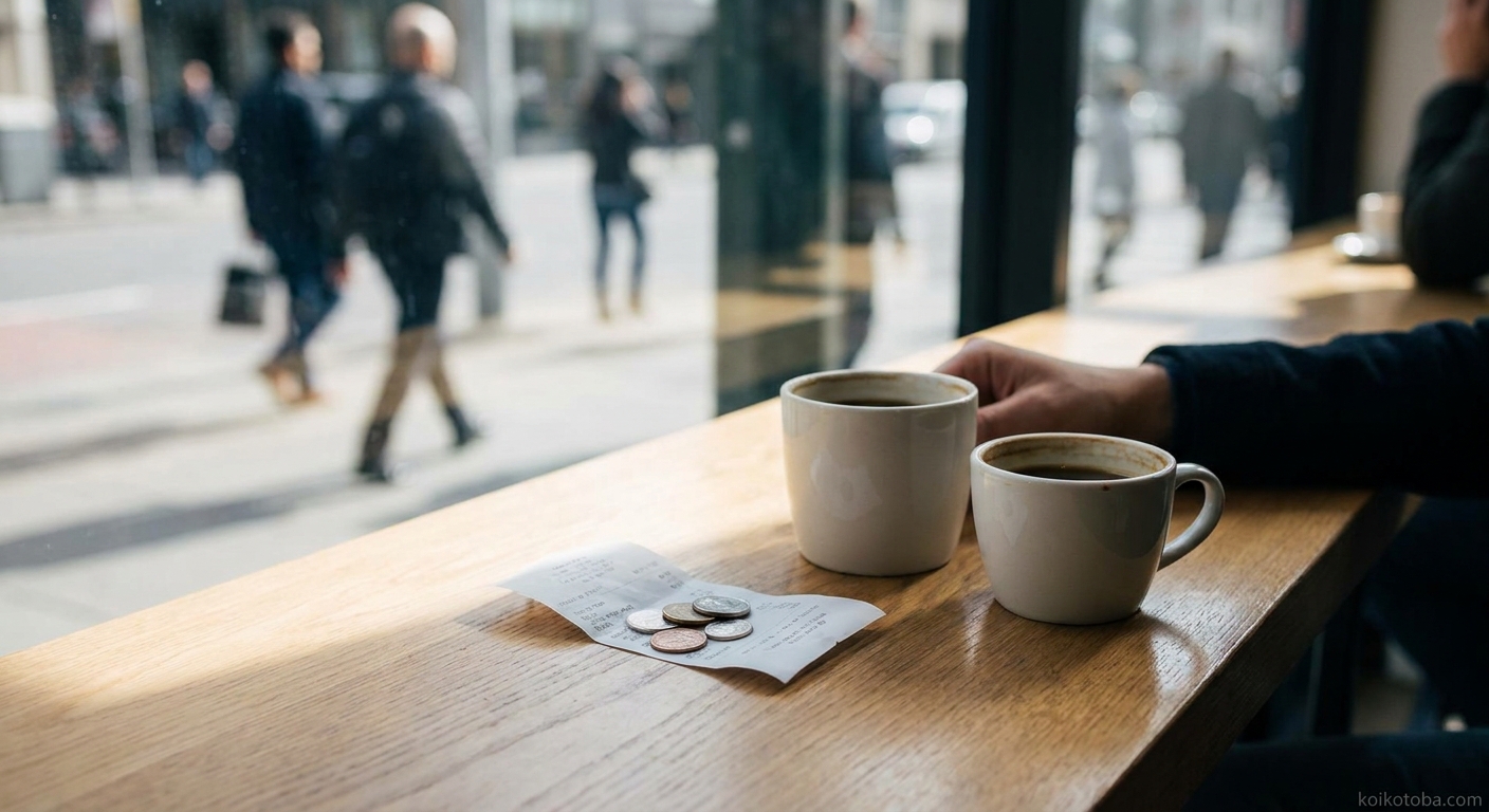 カフェのテーブルに置かれたレシートとふたつのコーヒーカップ