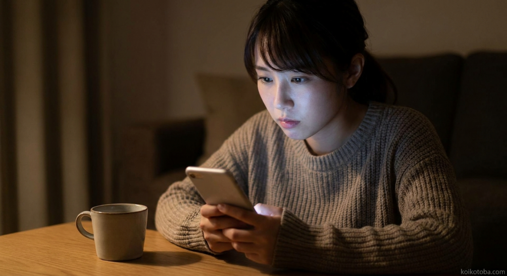 スマートフォンを見つめてLINEの返信を待つ女性